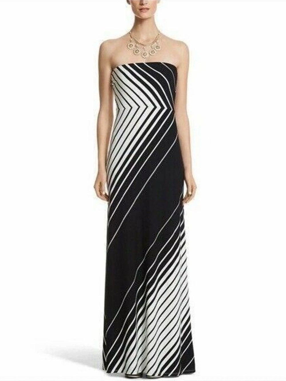 WHBM Strapless Black & White Diagonal Striped Maxi Dress